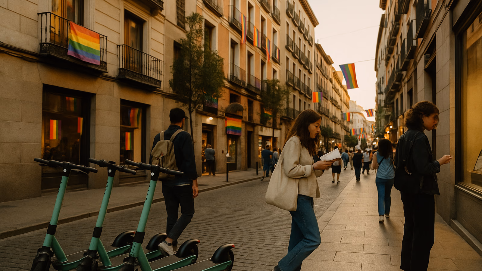 Patinetes eléctricos en una calle de Madrid durante el Orgullo